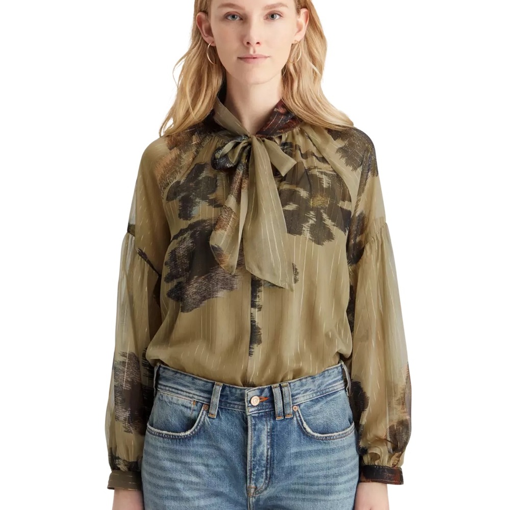 Scotch & Soda Olive Tie Neck Blouse Including Matching Cami